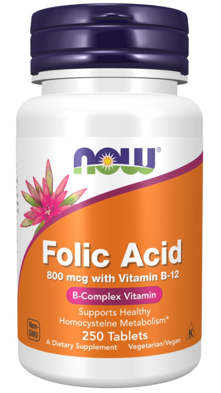 Now Foods Kyselina listová (Folic Acid) s obsahem vitamínu B12 800 μg 250 tablet