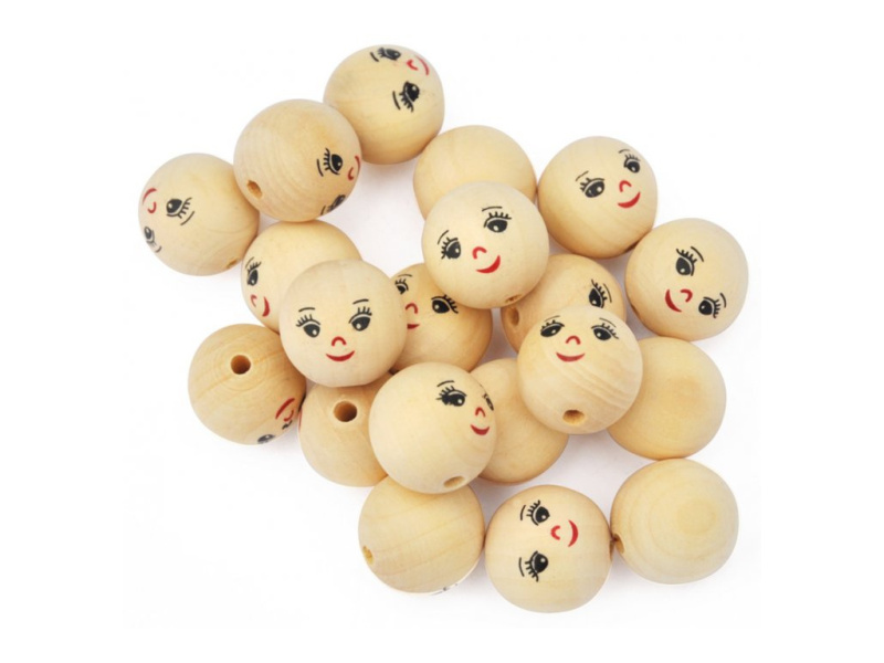 Dřevěné korálky hlavičky - obličej, průměr 2,2 cm, 20 ks