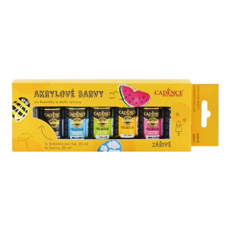 Akrylové barvy na kamínky Cadence Premium sada 6 zářivých barev + akrylový lak CADENCE