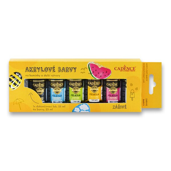 Akrylové barvy na kamínky Cadence Premium sada 6 zářivých barev + akrylový lak CADENCE