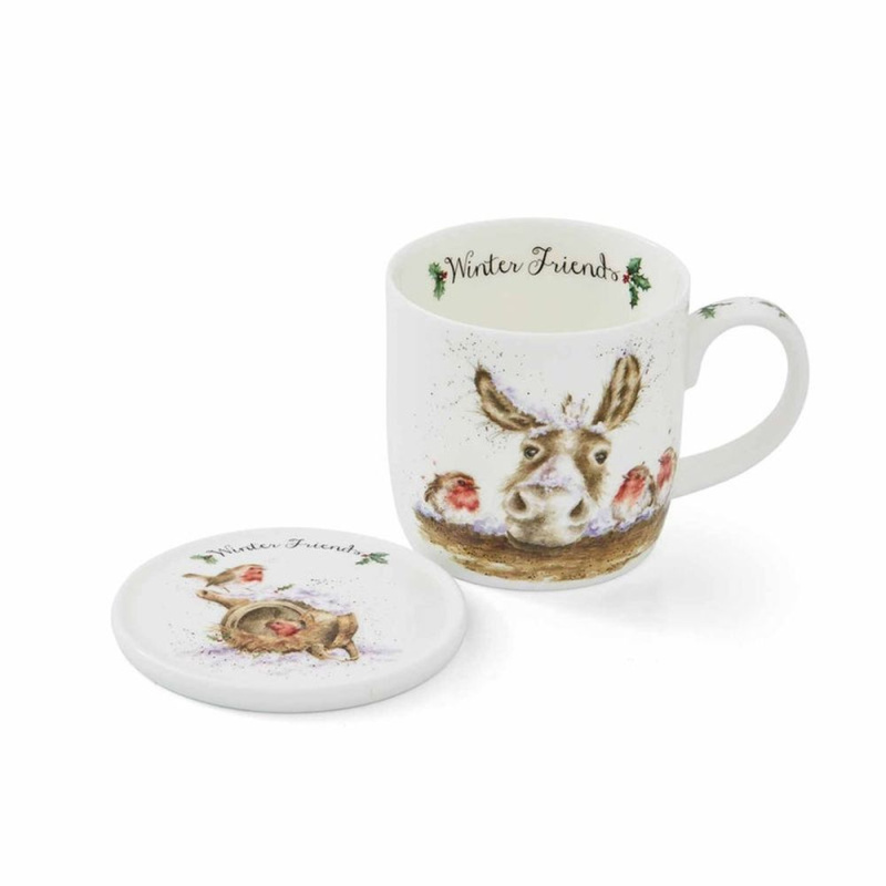 Royal Worcester Porcelánový hrnek s podšálkem Wrendale Designs "Winter Friends", 0,31 l - Oslík a červenky