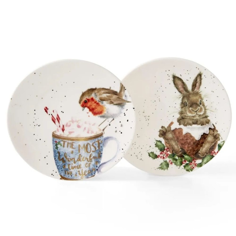 Royal Worcester Vánoční porcelánové talíře Wrendale Designs, 16,5 cm, sada 2 ks - Červenka a králík