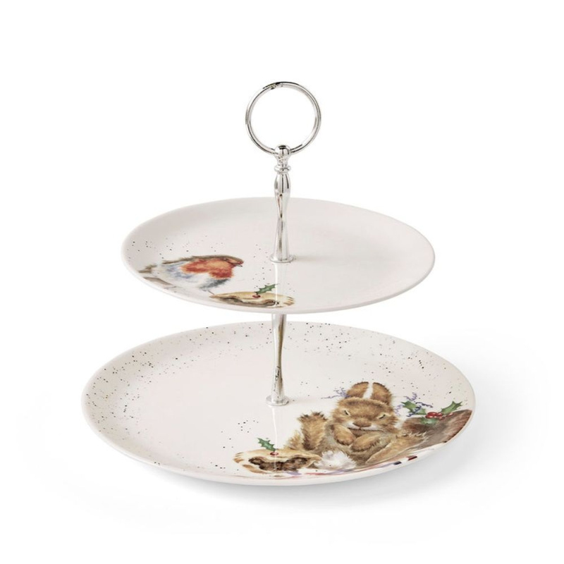 Royal Worcester Vánoční porcelánový etažér Wrendale Designs, 2 patrový - Červenka a králík
