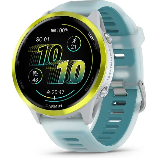 Garmin Forerunner 570 47 mm žlutá hliníková luneta s bílo-tyrkysovým poloprůhledným řemínkem Žlutá