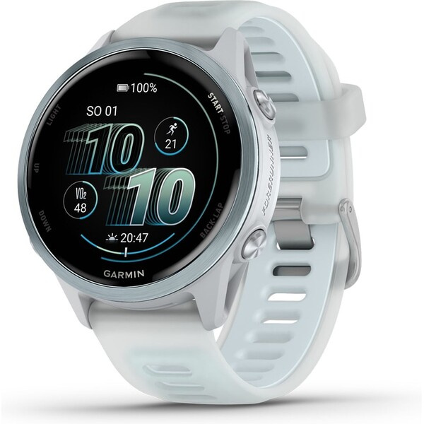 Garmin Forerunner 570 42 mm světle modrá hliníková luneta s bílo-modrým poloprůhledným řemínkem Světle modrá