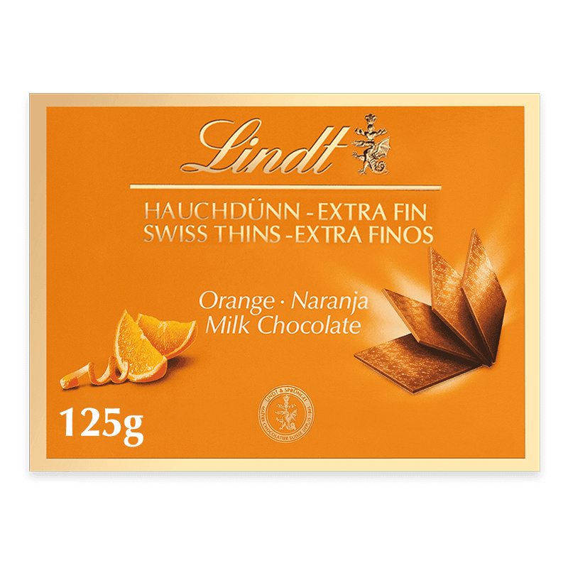 Lindt Thins Orange Mléčná čokoláda s příchutí pomeranče
