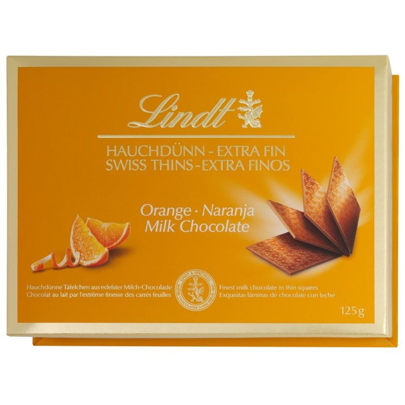Lindt Thins Orange Mléčná čokoláda s příchutí pomeranče