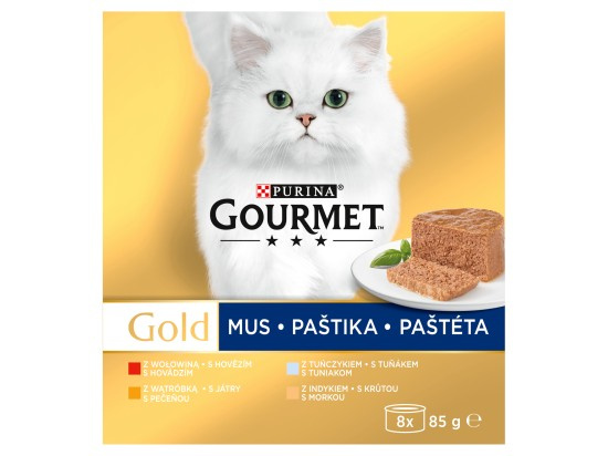 Purina Paštika pro kočky Gourmet Gold tuňák, játra, krůta, hovězí 8 x 85 g
