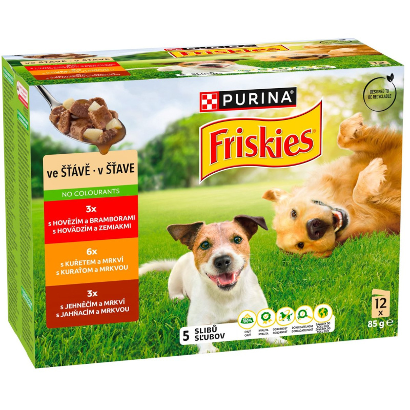 Friskies Adult pro psy – hovězí, kuře a jehněčí ve šťávě (12×85 g)