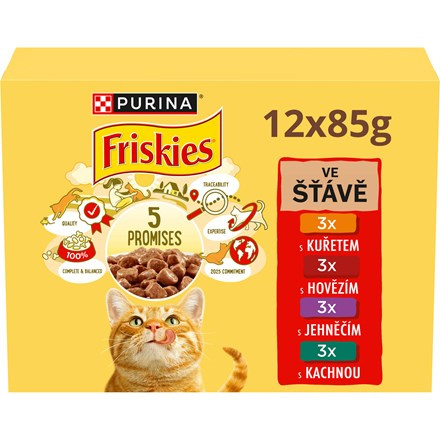 Friskies cat kapsa Hovězí, Kuřecí, Kachní a Jehněčí  ve šťávě 12 x 85 g