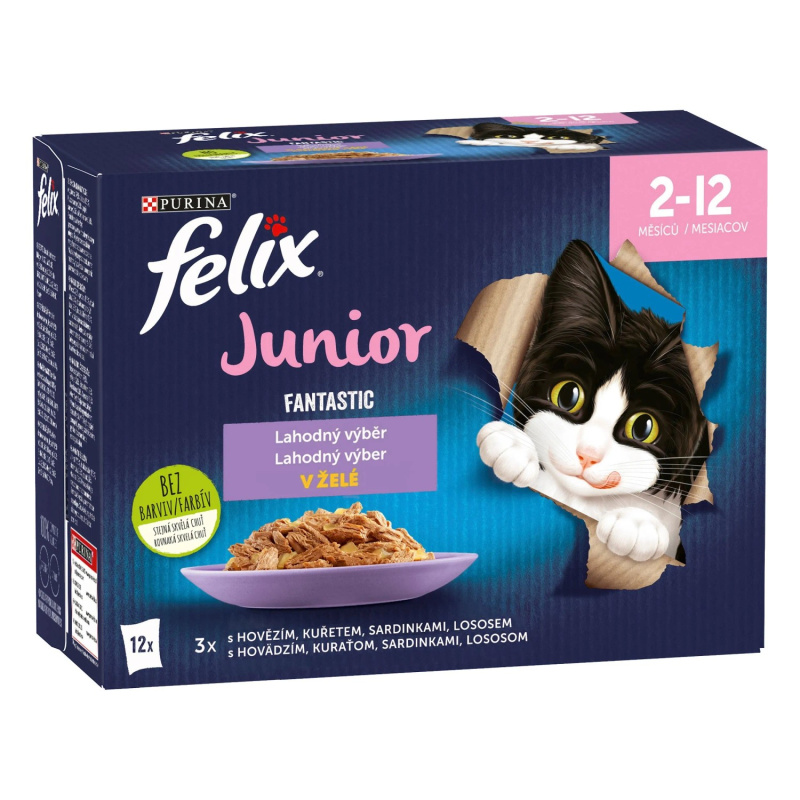 Felix Fantastic Junior Multipack hovězí, kuře, sardinky a losos v želé pro kočky 12×85 g