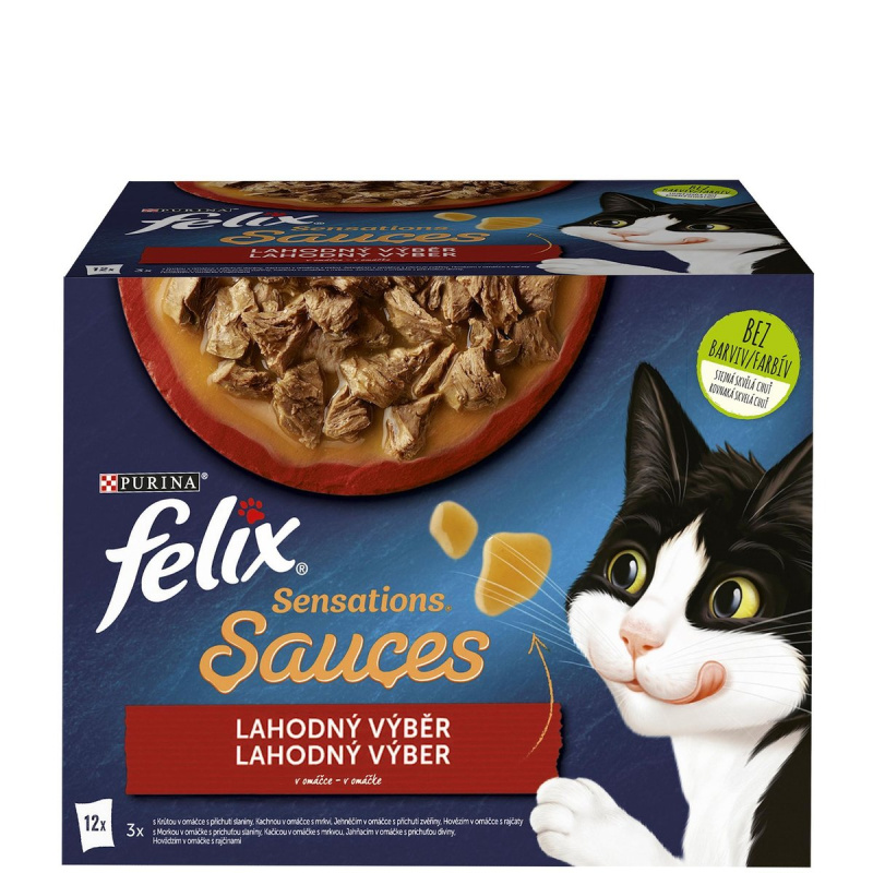 Felix Sensations Sauces - výběr v ochucených omáčkách s Hovězím, Jehněčím, krůtou a kachnou 12 x 85g
