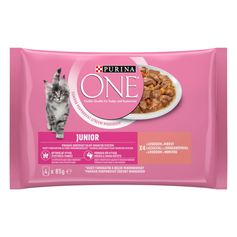 Purina ONE Junior minifiletky s lososem a mrkví ve šťávě pro kočky