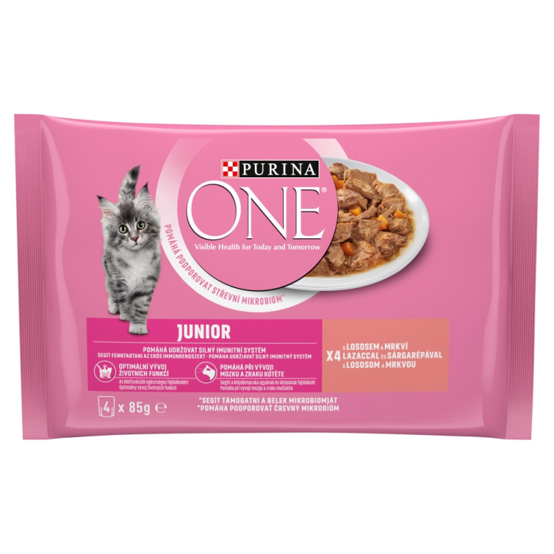 Purina ONE Junior minifiletky s lososem a mrkví ve šťávě pro kočky