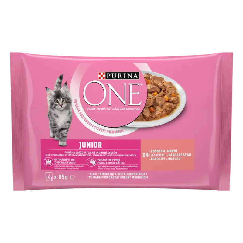 Purina ONE Junior minifiletky s lososem a mrkví ve šťávě pro kočky