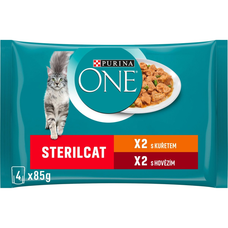 Purina ONE Sterilacat Kuře a hovězí ve šťávě pro kočky (4×85 g)