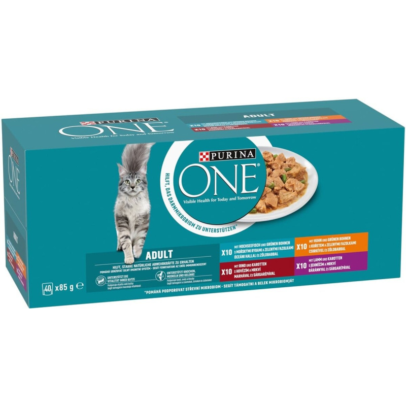 Purina ONE Adult Multipack minifiletky s jehněčím, mořskými rybami, kuřetem, hovězím a zeleninou ve šťávě pro kočky (40×85 g)
