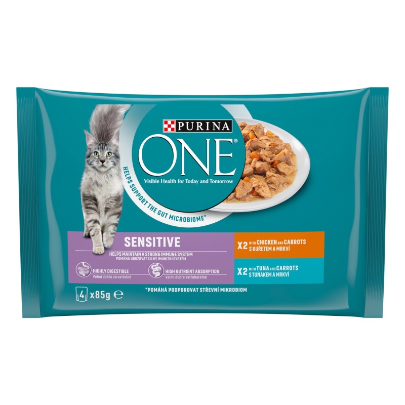 Purina ONE Sensitive cat kuře s mrkví tuňák s mrkví ve šťávě 4 x 85 g