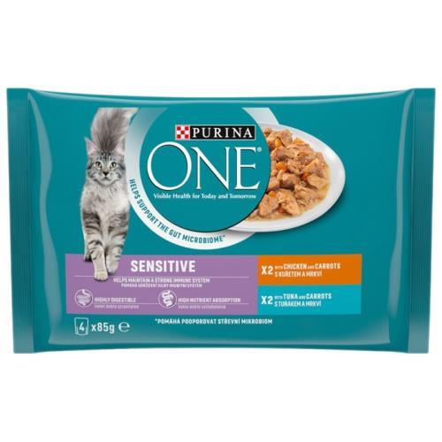 Purina ONE Sensitive cat kuře s mrkví tuňák s mrkví ve šťávě 4 x 85 g