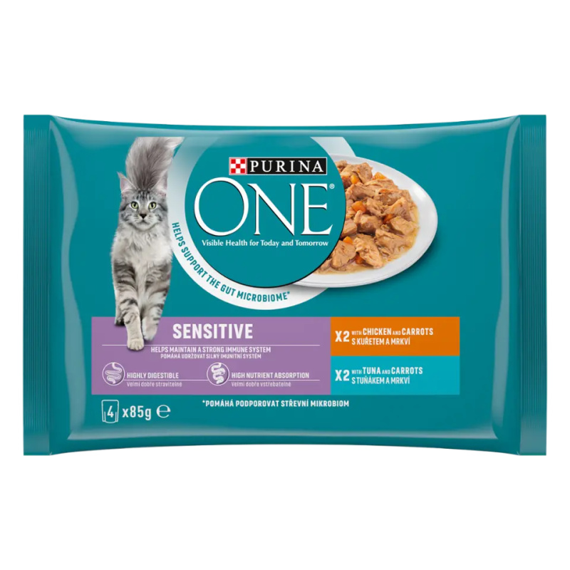 Purina ONE Sensitive cat kuře s mrkví tuňák s mrkví ve šťávě 4 x 85 g