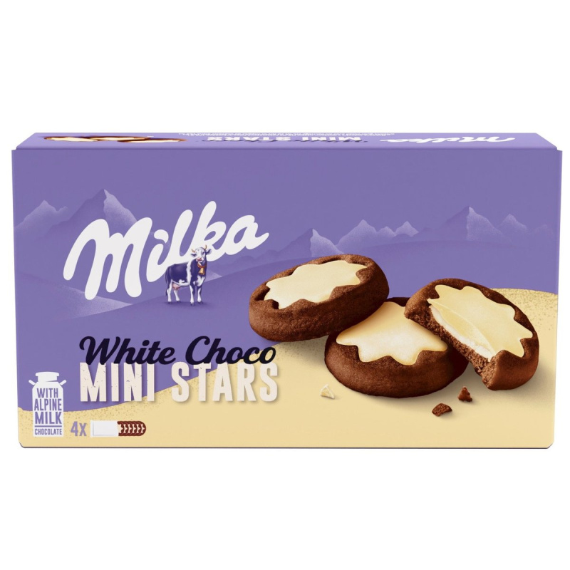 Milka sušenky White Choco Mini Stars kakaové, mléčná náplň a bílá čokoláda