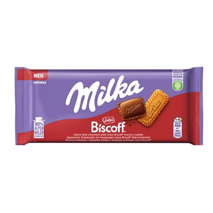 Milka čokoláda Lotus Biscoff s kousky karamelizovaných sušenek v mléčné čokoládě