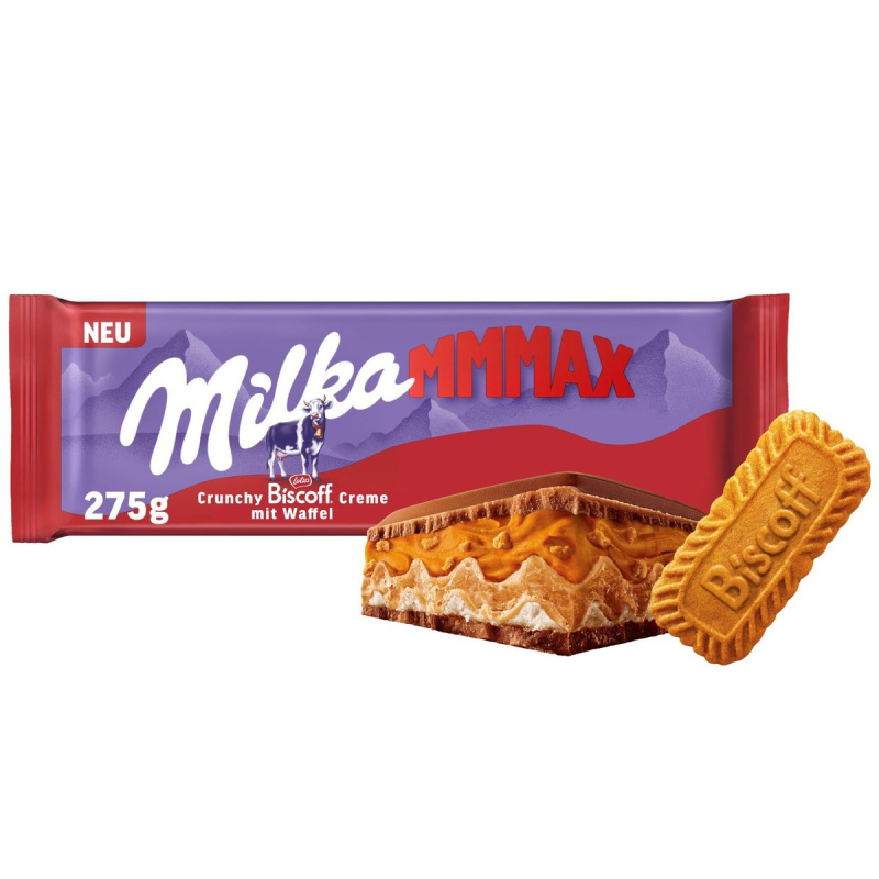 Milka čokoláda Mmmax Biscoff s kousky karamelizovaných sušenek v mléčné čokoládě