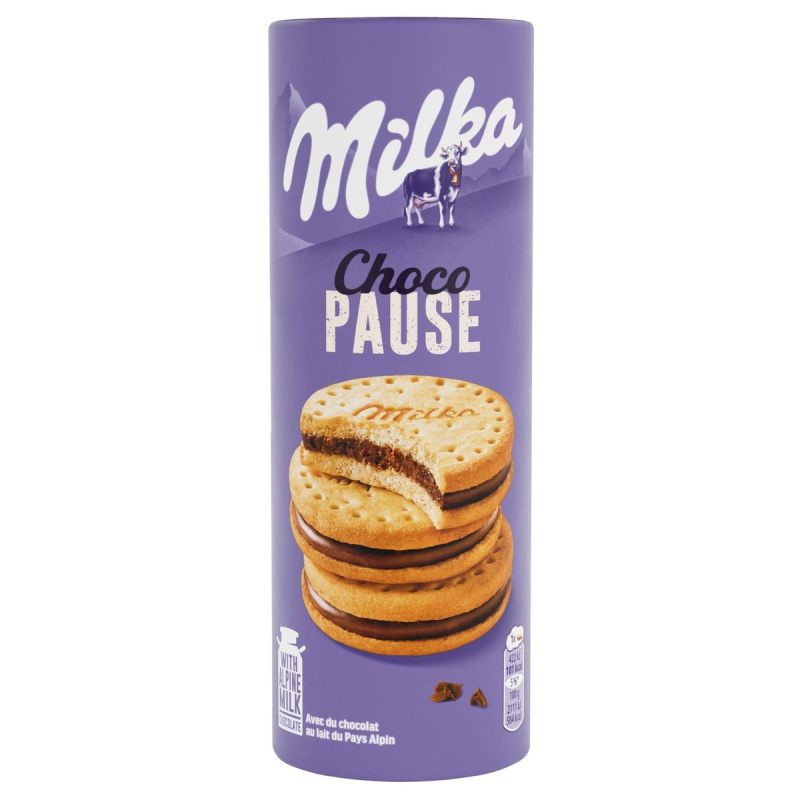 Milka sušenky Choco pause plněné jemnou čokoládovou náplní z alpského mléka