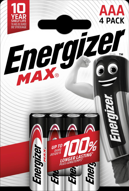 Alkalické baterie Energizer Max - 1,5 V, typ AAA, 4 ks