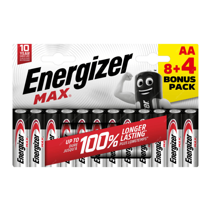 Alkalické baterie Energizer Max - 1,5V, LR6, typ AA, 8+4 ks