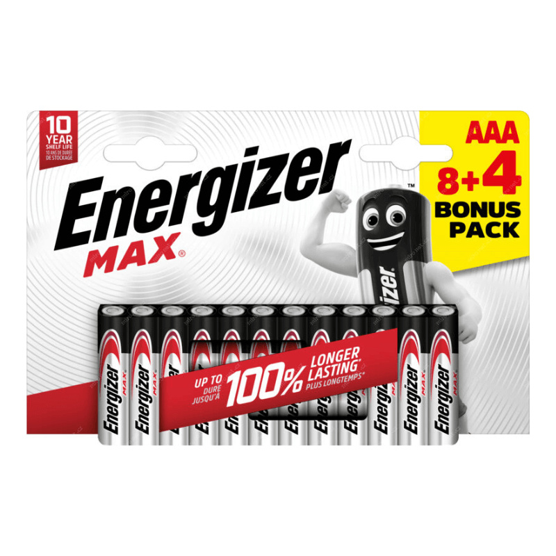 Alkalické baterie Energizer Max - 1,5V, LR03, typ AAA, 8+4 ks