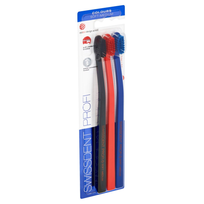 Swissdent Profi Colours zubní kartáčky soft - medium black, red, blue 3 ks