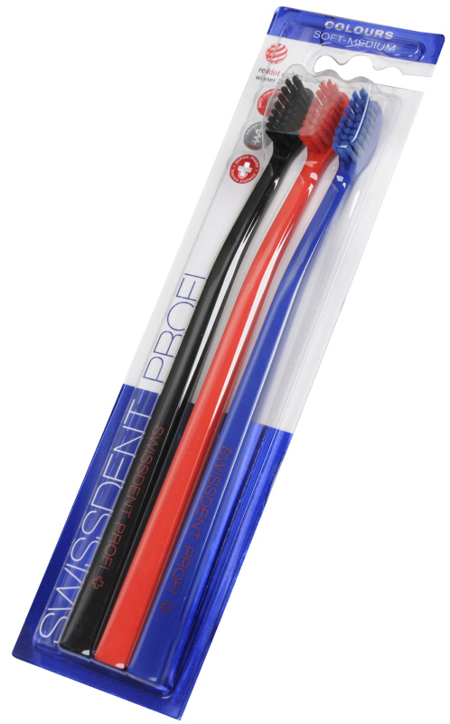 Swissdent Profi Colours zubní kartáčky soft - medium black, red, blue 3 ks
