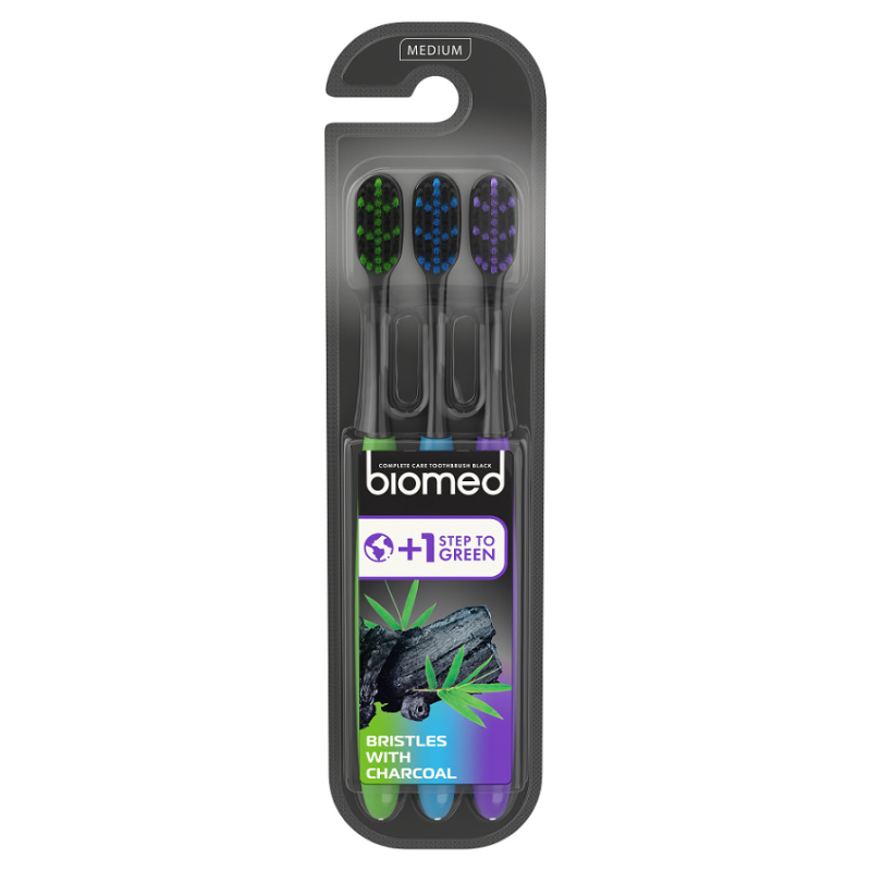Biomed Black Charcoal zubní kartáčky medium 3 ks