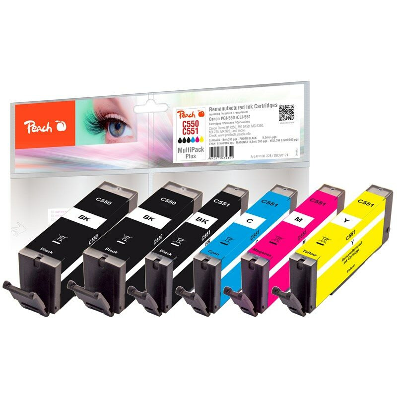 Inkoustová náplň Peach Canon PGI-550/CLI-551 MultiPack Plus / 6 ks / 2x 13 ml + 4x 8,5 ml / CMYK / černá/foto černá/azurová/purpurová/žlutá Varianta:…