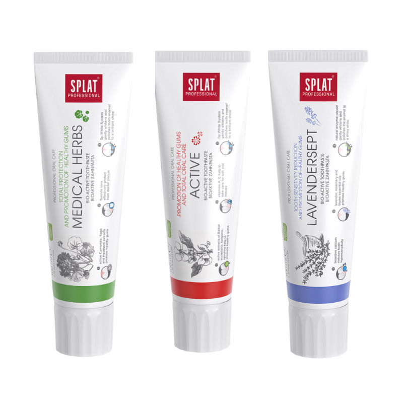 SPLAT Trio sada Professional Medical Herbs, Active, Lavendersept zubní pasty 3x100 ml
