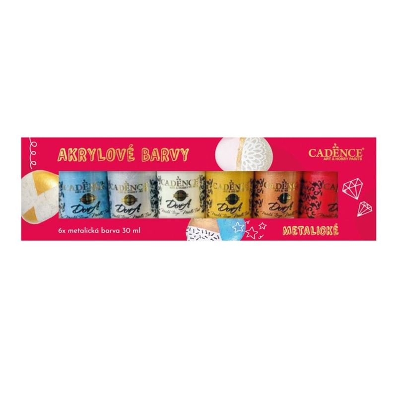 Akrylové barvy na kamínky Cadence Premium sada 6 metalických barev + akrylový lak CADENCE