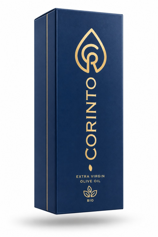 CORINTO Peloponés BIO Extra panenský olivový olej (MANAKI) 0,4% 500 ml – Skleněná lahev v modré dárkové krabici