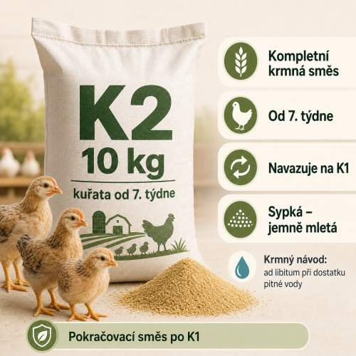 K2 10 kg – kompletní krmná směs pro kuřata od 7. týdne