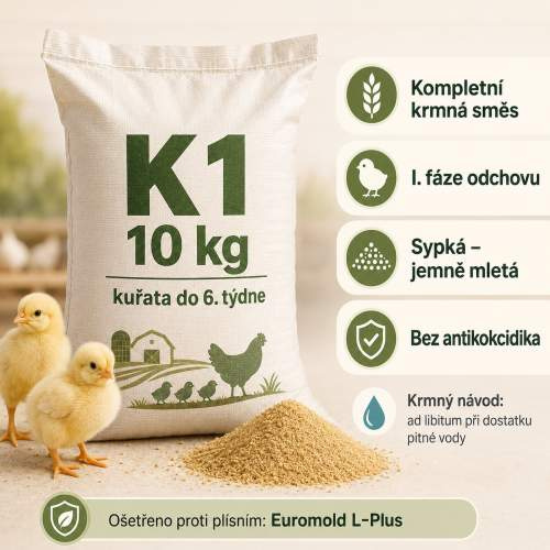 K1 10 kg – kompletní krmná směs pro kuřata do 6. týdne
