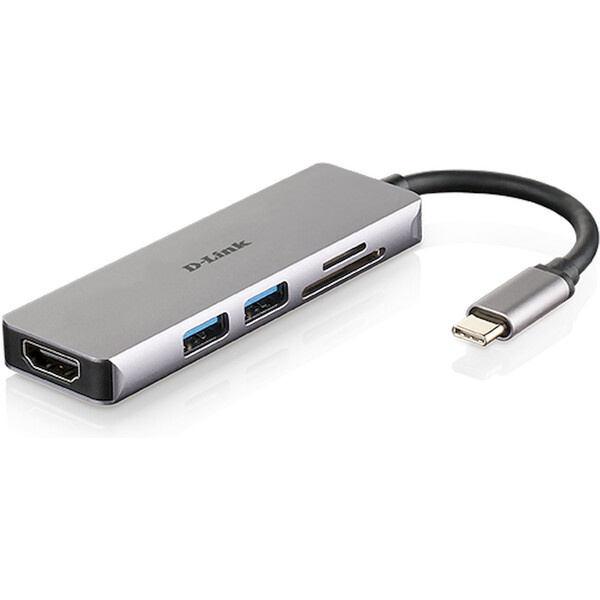 D-Link 5v1 USB-C Hub + čtečka karet stříbrný Stříbrná