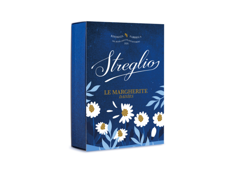 Streglio krabička sedmikrásky v boxu s květinami (La Marcherite) 100g