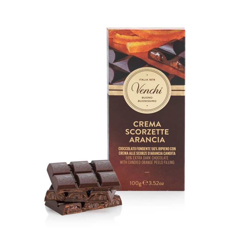 Venchi Creme Scorzette Arancia tmavá čokoláda s kandovanou pomerančovou kůrou 100g