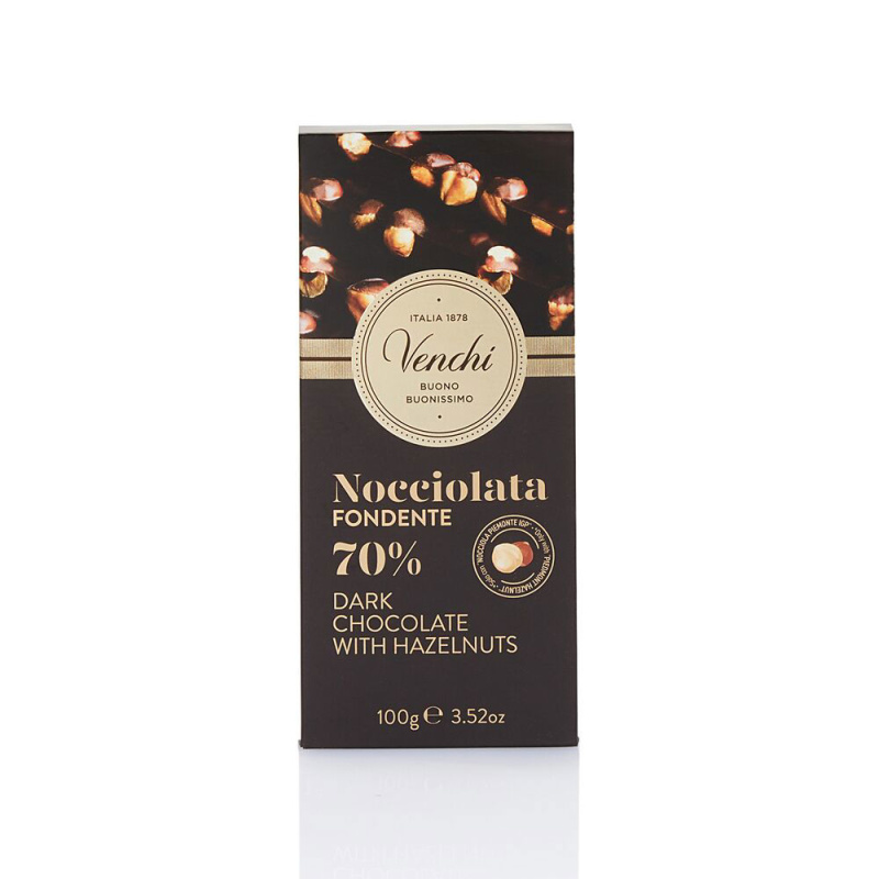 Venchi extra hořká čokoláda 70% s celými lískovými ořechy Fondente 100g