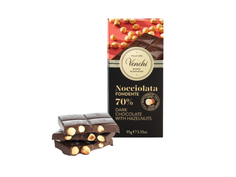 Venchi hořká čokoláda s lískovými ořechy Piemonte (Nocciolata Fondente) 70% 95g