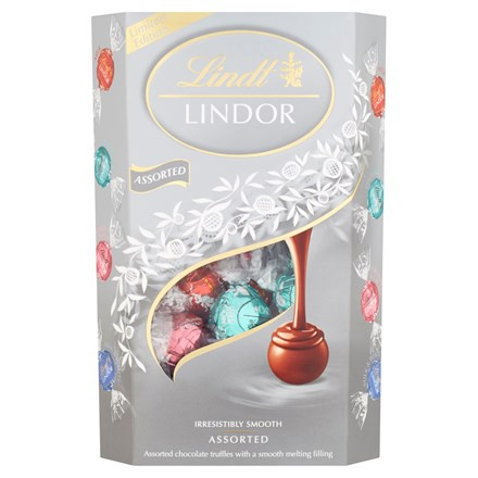 Lindt LINDOR Silver Směs mléčné a bílé čokolády s jahodami a kokosem 337 g