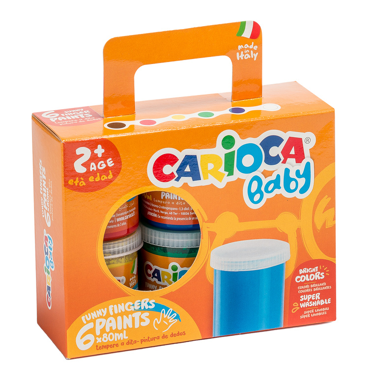 Prstové barvy Carioca Baby 2+, papírový kufřík - 6 × 80 ml