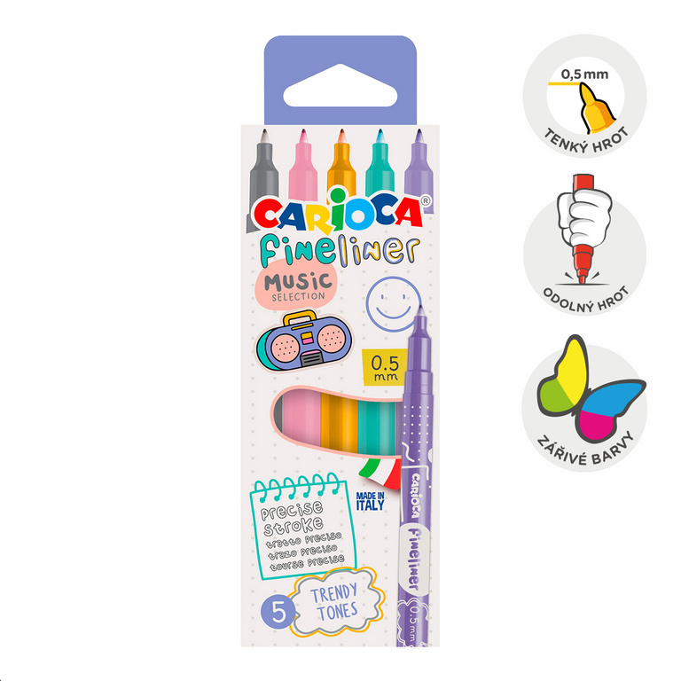 Fineliner Carioca 0,5 mm - sada 5 ks Music - pastelové barvy