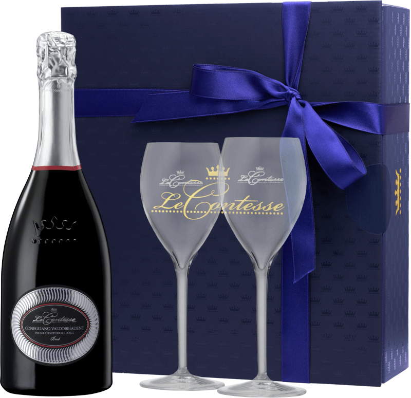 Le Contesse Prosecco Spumante DOCG Conegliano Valdobbiadene Brut + 2 sklenice 11% 0,75l (darčekové balenie 2 poháre)
