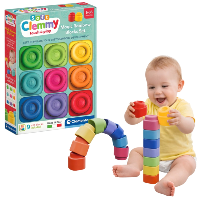 CLEMENTONI Clemmy Magická duha – měkké senzorické kostky, 9 ks